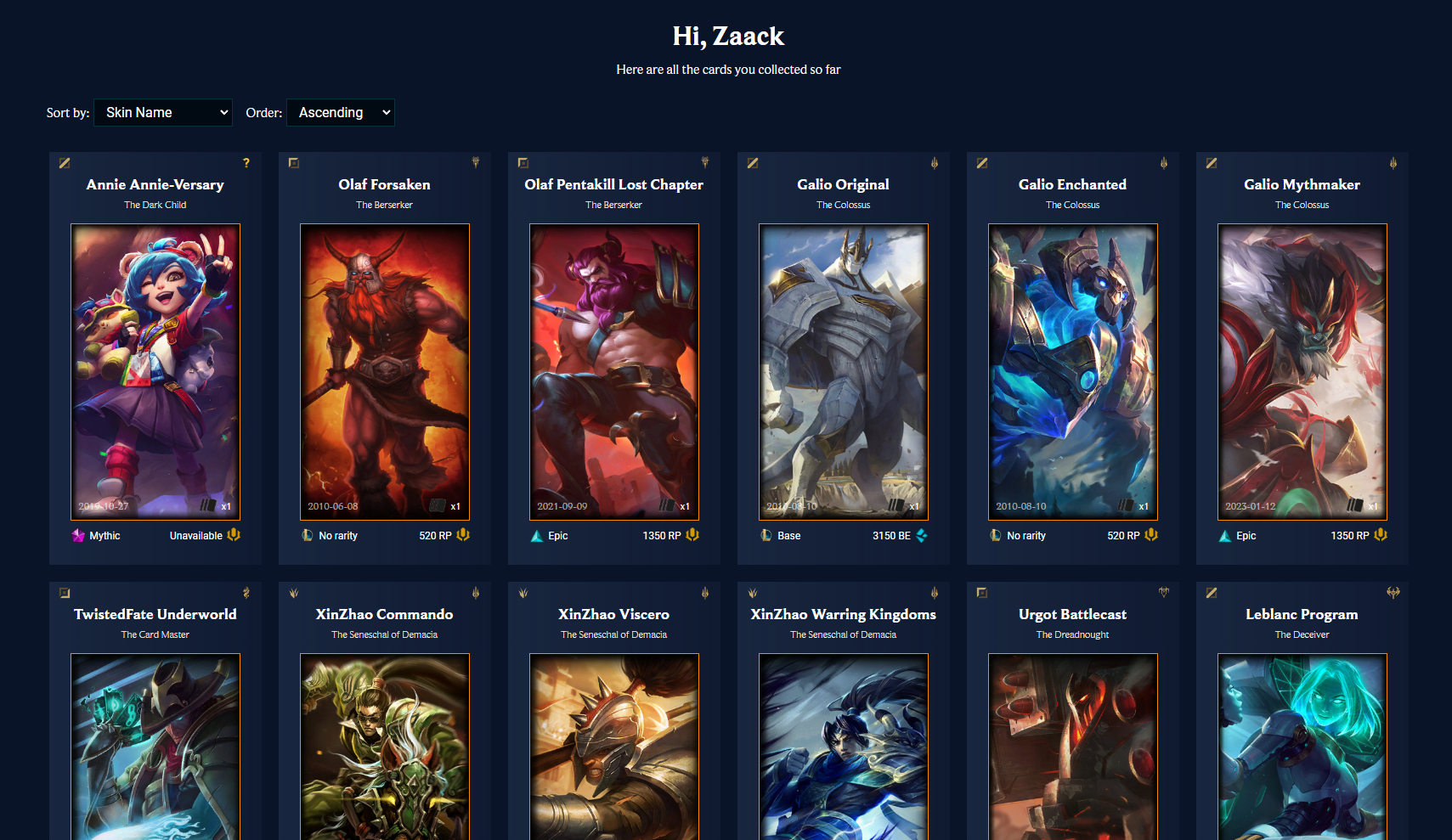 Capture d'écran du site lol cards collector